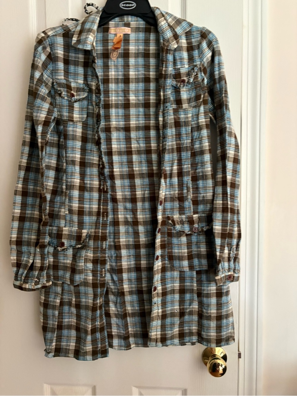 Andrew & Co Brown and Light Blue Plaid Long Button Shirt